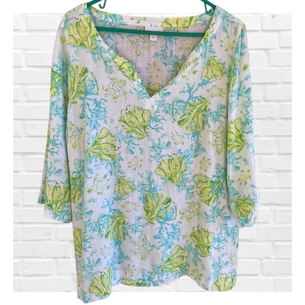 J. Jill Love Sz Lg 100% Linen Tunic Top Resortwear Vacation Sea Turtles Summer